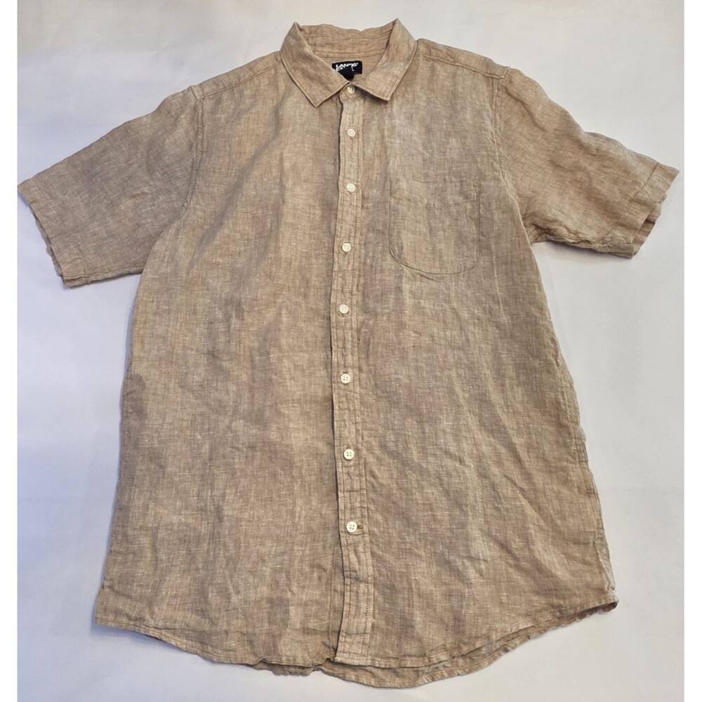 Lands' End 100% Linen Shirt Men Med Tall Beige Short Sleeve Button Front Beach